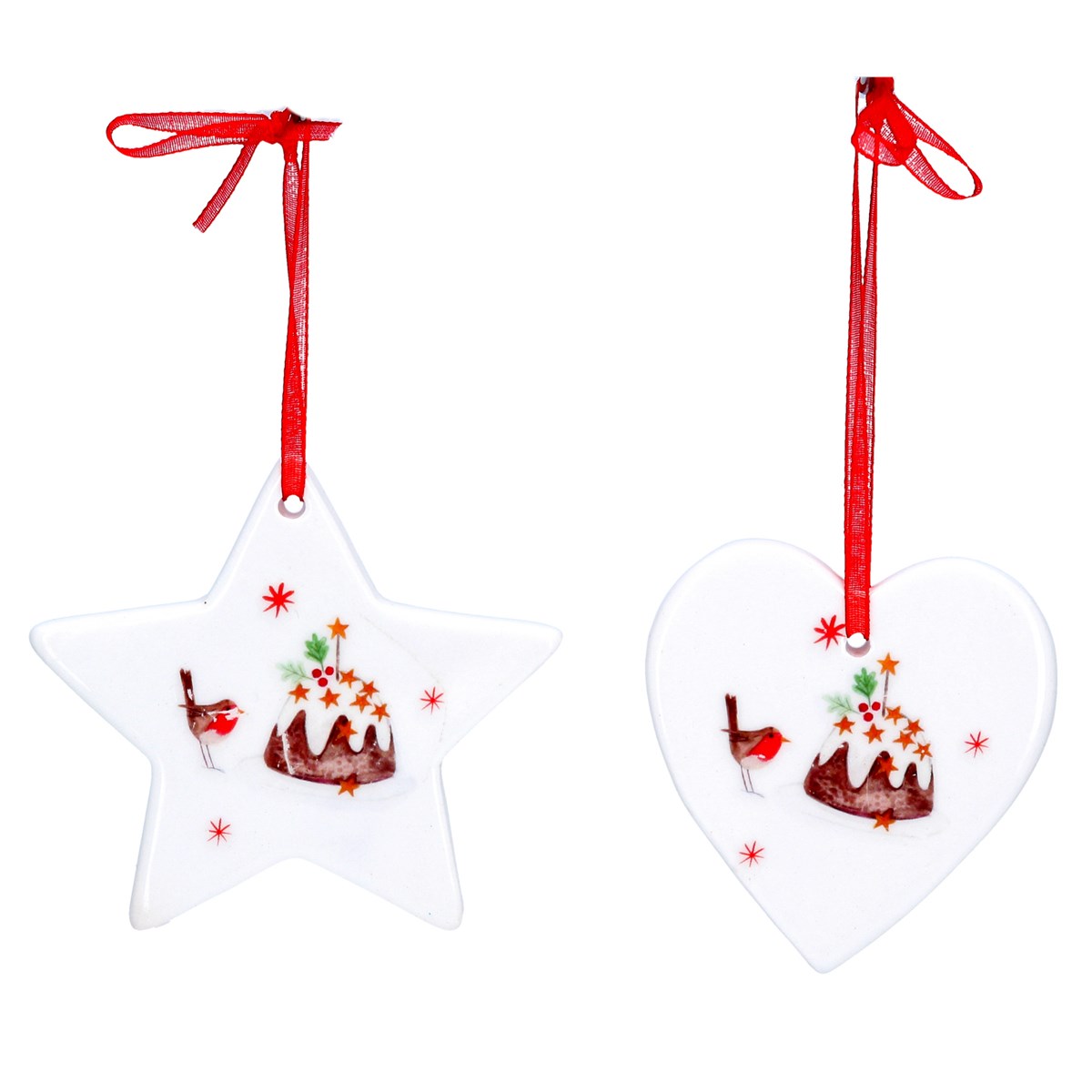 Gisela Graham Set of Two Heart and Star Ceramic Robin Christmas Tree Decorations