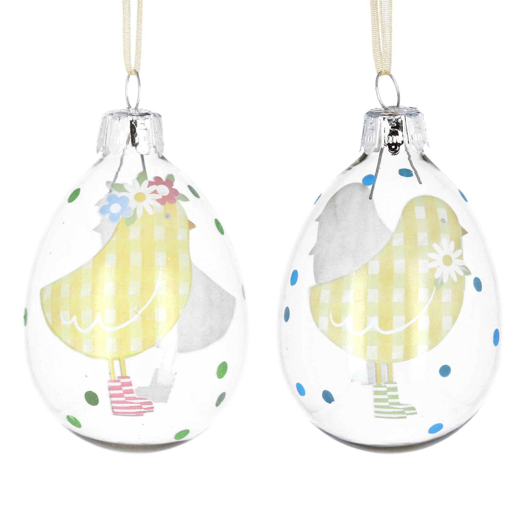 Gisela Graham Set of 2 Glass Easter Chick Spotted Hanging Decorations
