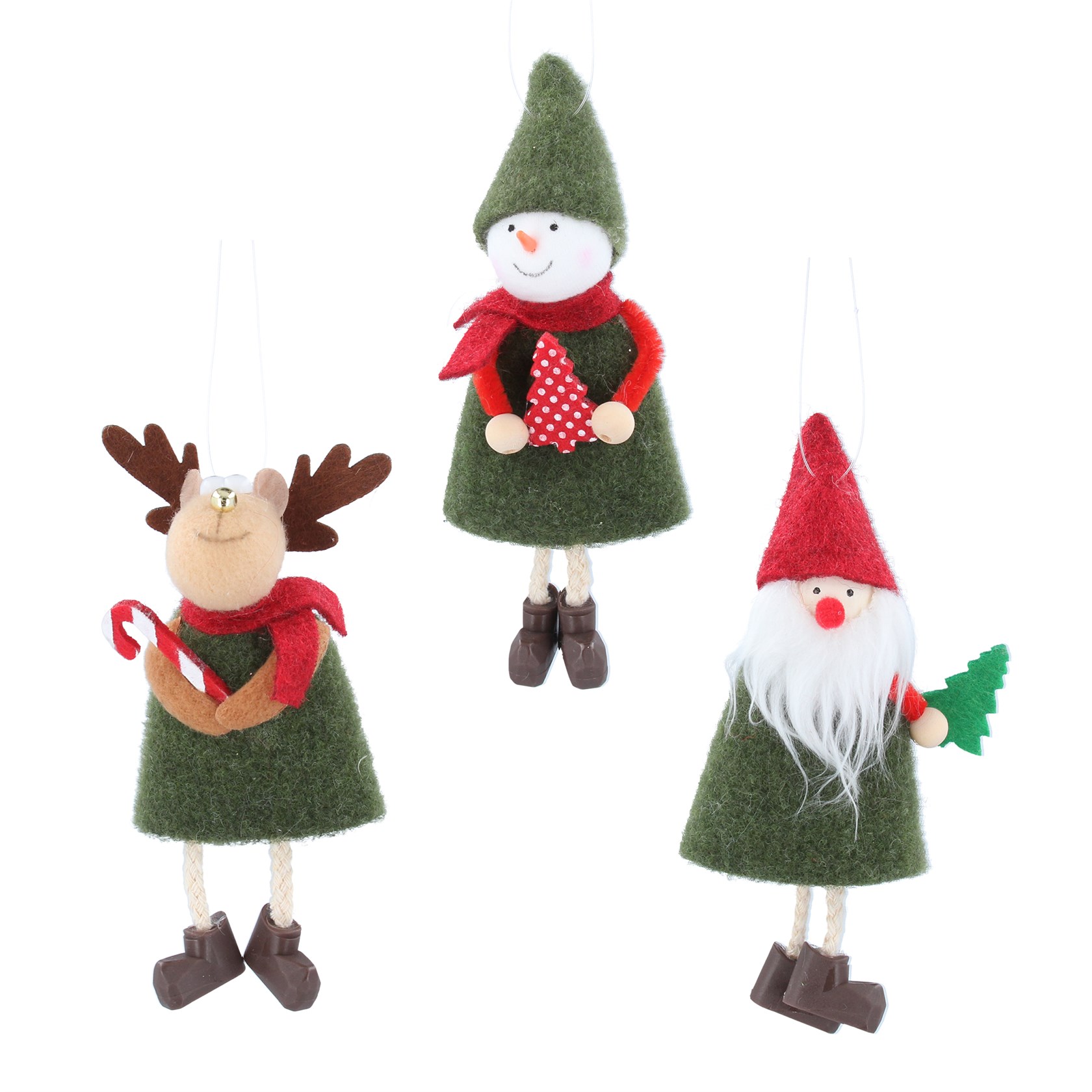 Gisela Graham Set of Three Festive Characters with Dangly Legs Christmas Decorations