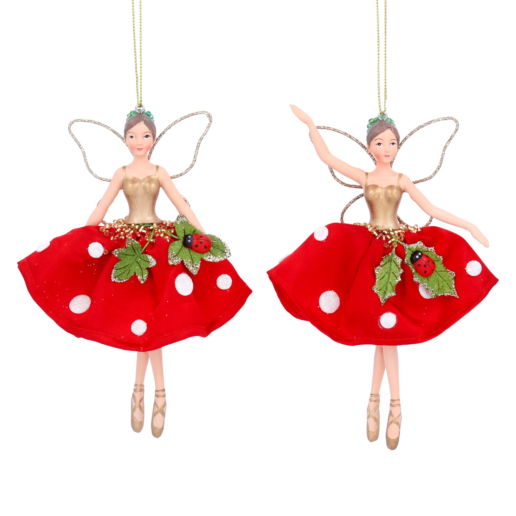 Gisela Graham Set of 2 Lady Bird and Polka Dot Fairy Christmas Tree Decorations