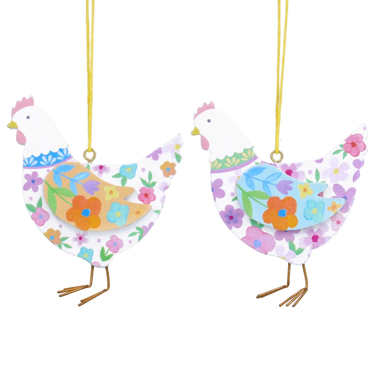 Gisela Graham Set of 2 Wooden Pastel Floral Hens Easter Decorations