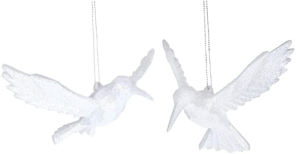 Gisela Graham Set of 2 White Glittery Birds Christmas Tree Decorations