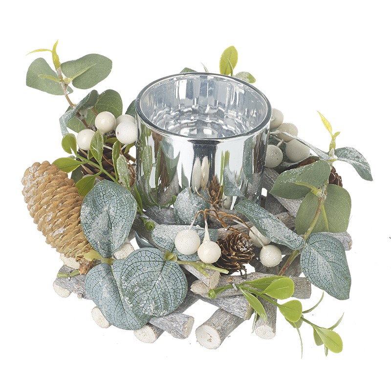 Heaven Sends Silver Eucalyptus and Pinecone Christmas Candle Holder