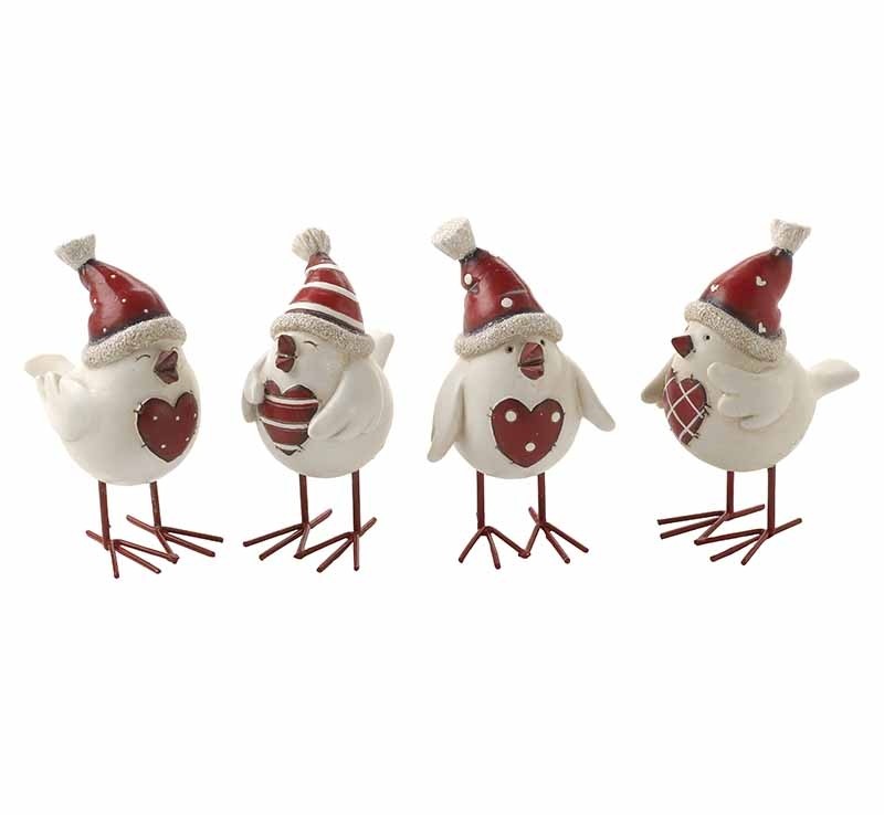 Heaven Sends Set of 4 Red and White Birds in Hats Christmas Decorations