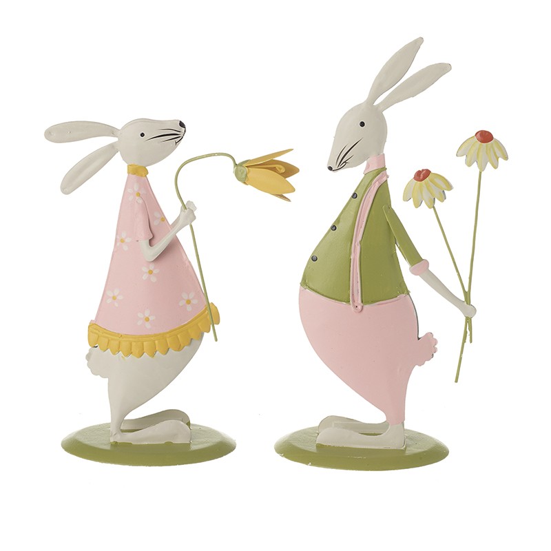 Heaven Sends Set of 2 Metal Rabbits with Flowers Easter Decorations