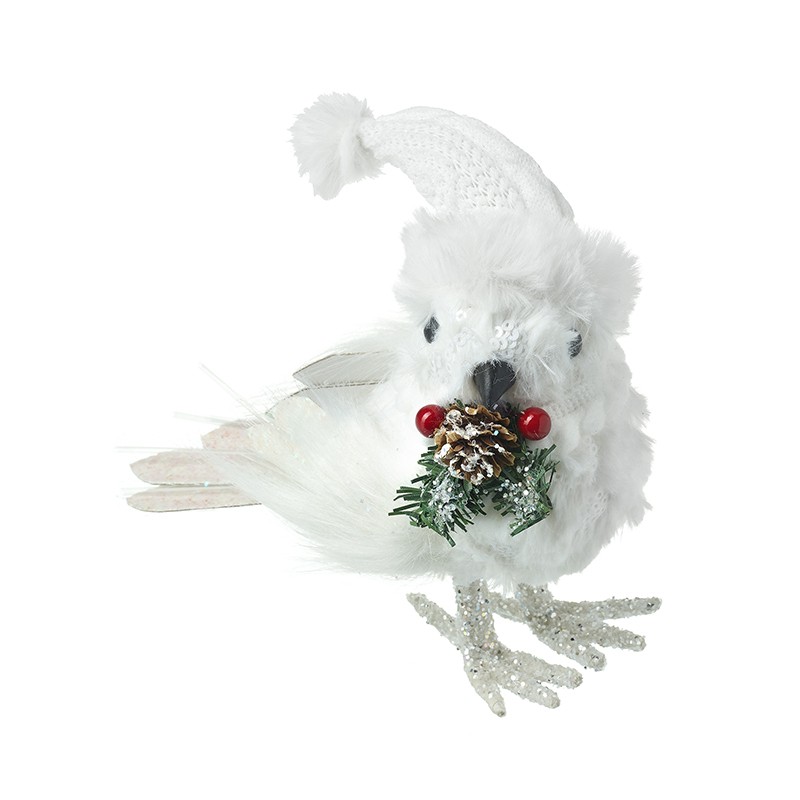 Heaven Sends White Fluffy Bird With Hat and Pinecone Christmas Decoration