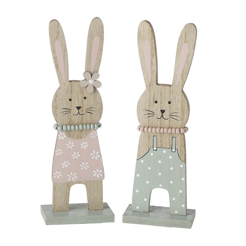 Heaven Sends Set of 2 Wooden Floral and Spotty Rabbit Easter Decorations