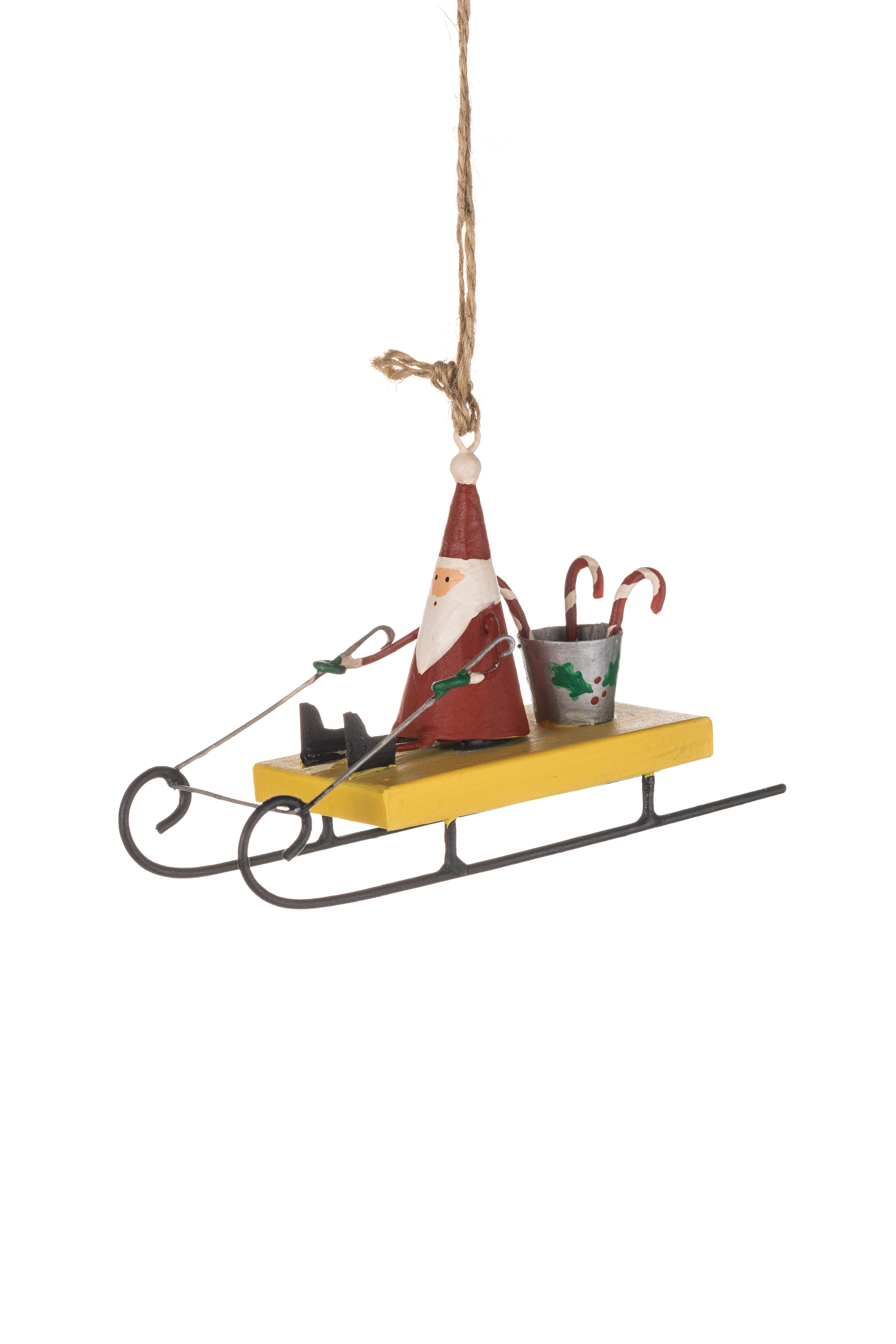 Shoeless Joe Metal Santa on Sleigh with Candy Canes Christmas Tree Decoration