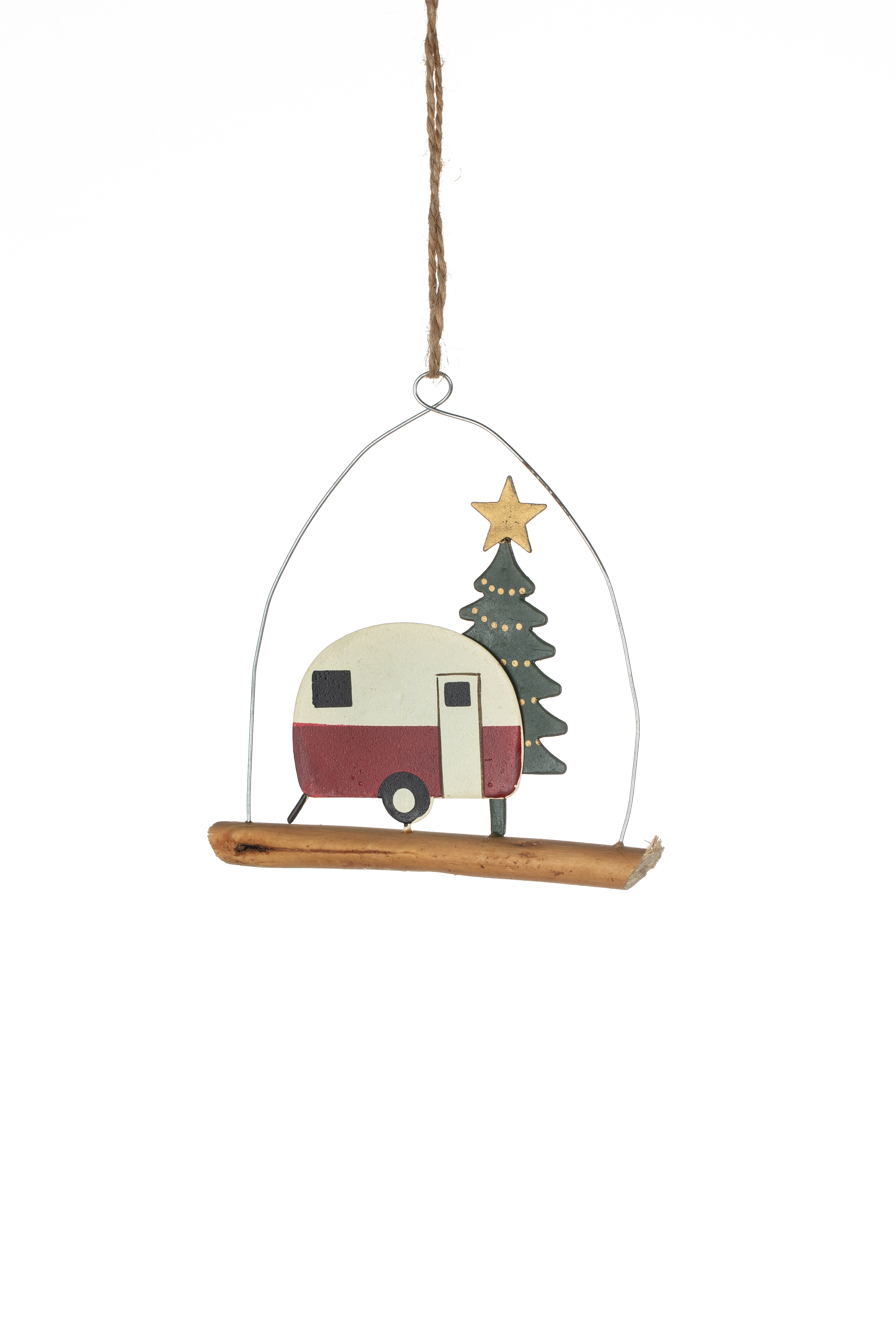 Shoeless Joe Metal Caravan and Christmas Tree Driftwood Hanger Decoration