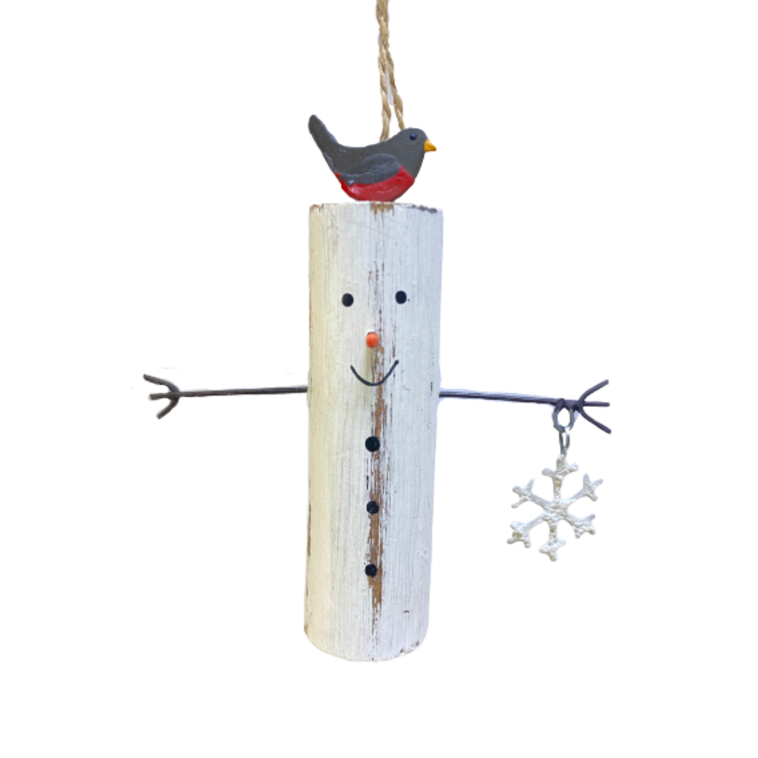 Shoeless Joe Wooden Snowman with Robin and Snowflake Christmas Tree Decoration
