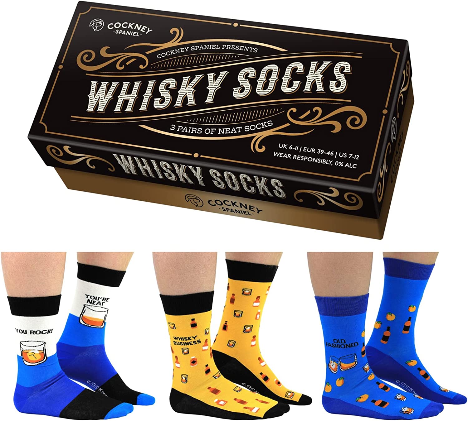 Cockney Spaniel Box of Whisky Themed Socks - Size 6-11
