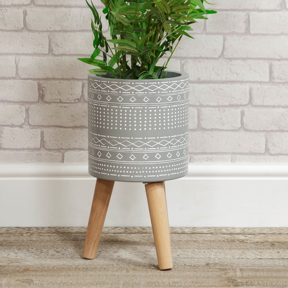 Widdop Ornate Grey Clay Planter With Wooden Legs