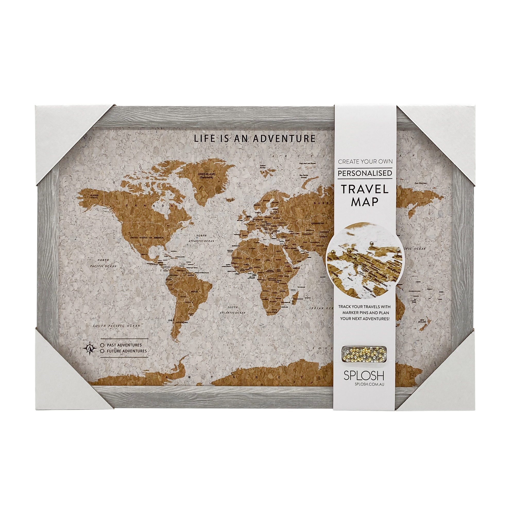 Splosh Grey Travel World Map Cork Board With Pins
