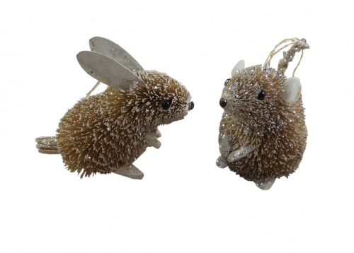 Set of 2 Gisela Graham Bristly Rabbit and Mouse Tree Decorations