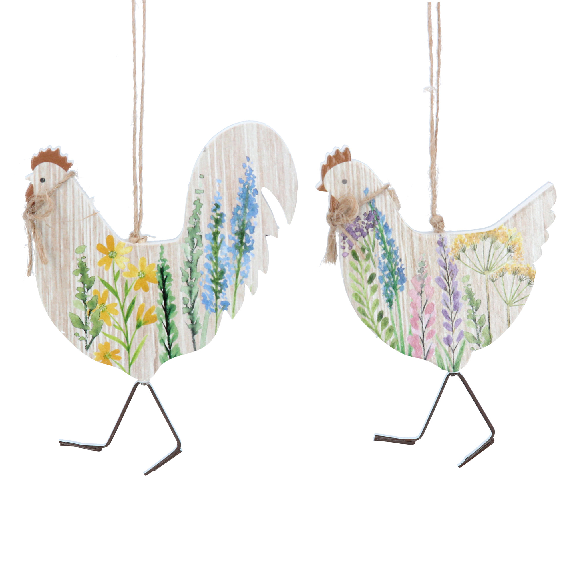 Gisela Graham Set of Two Wooden Floral Chicken Easter Decorations